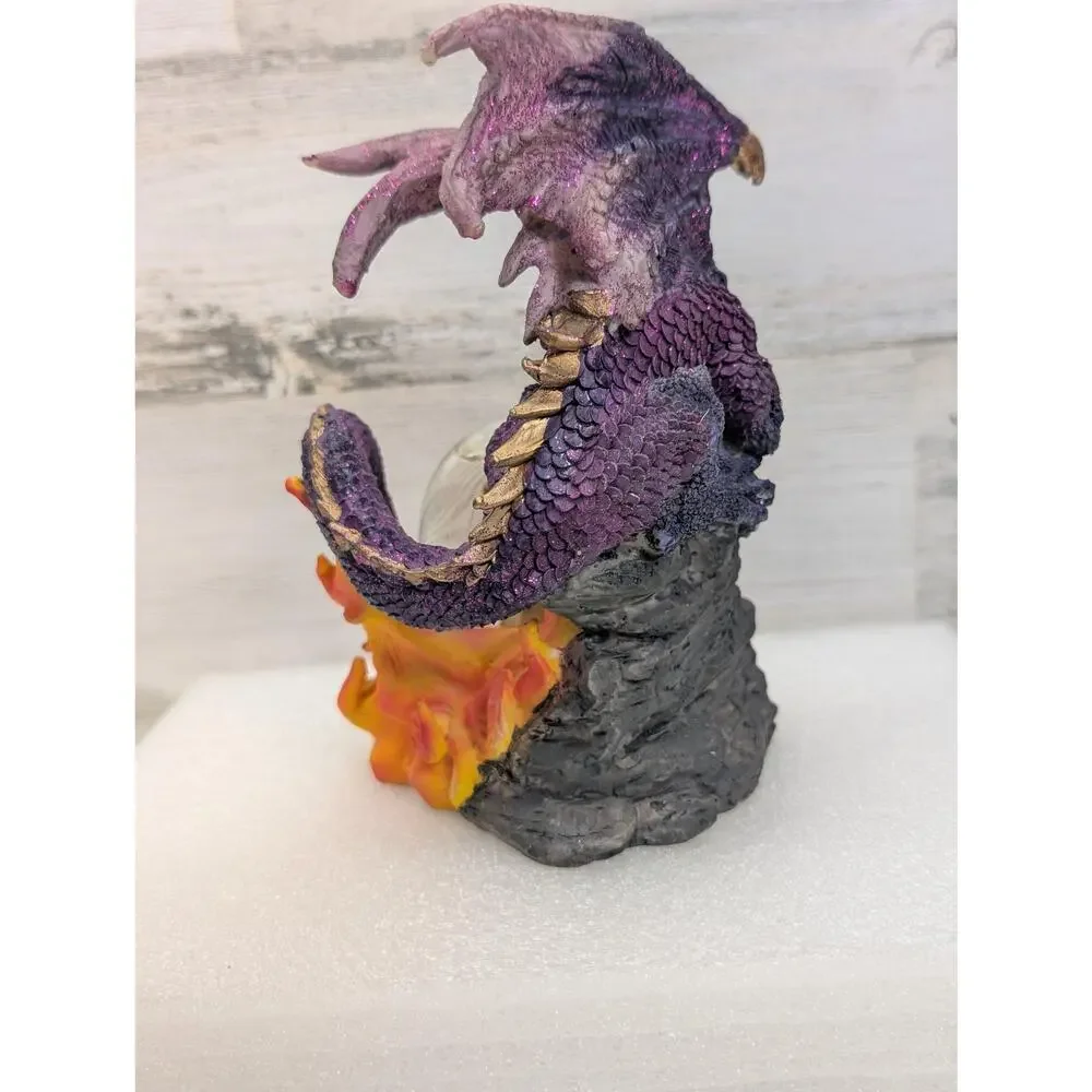 Purple Dragon Wizard Crystal Ball Resin Figurine Statue Fantasy Flames Glitter‎
